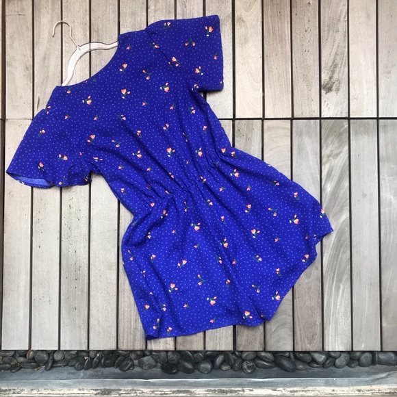 SIENNA SKY Blue Star & Tulip Print Button Down V Neck Short Sleeve Romper - Picture 3 of 6